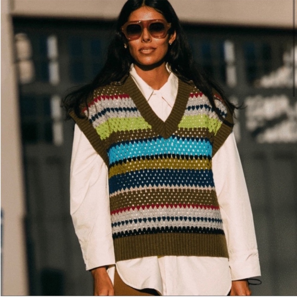 Baum Un Pferdgarten Striped Multicolor open Knit Sweater Vest - Olive Trim - Picture 2 of 6